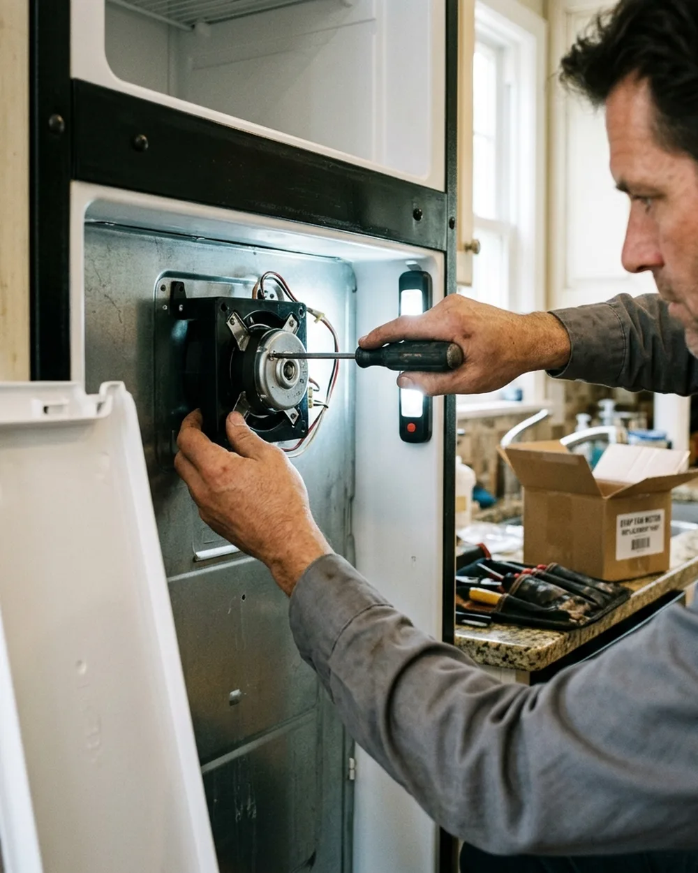 Certified Sub-Zero technician repairing a refrigerator in Manhattan